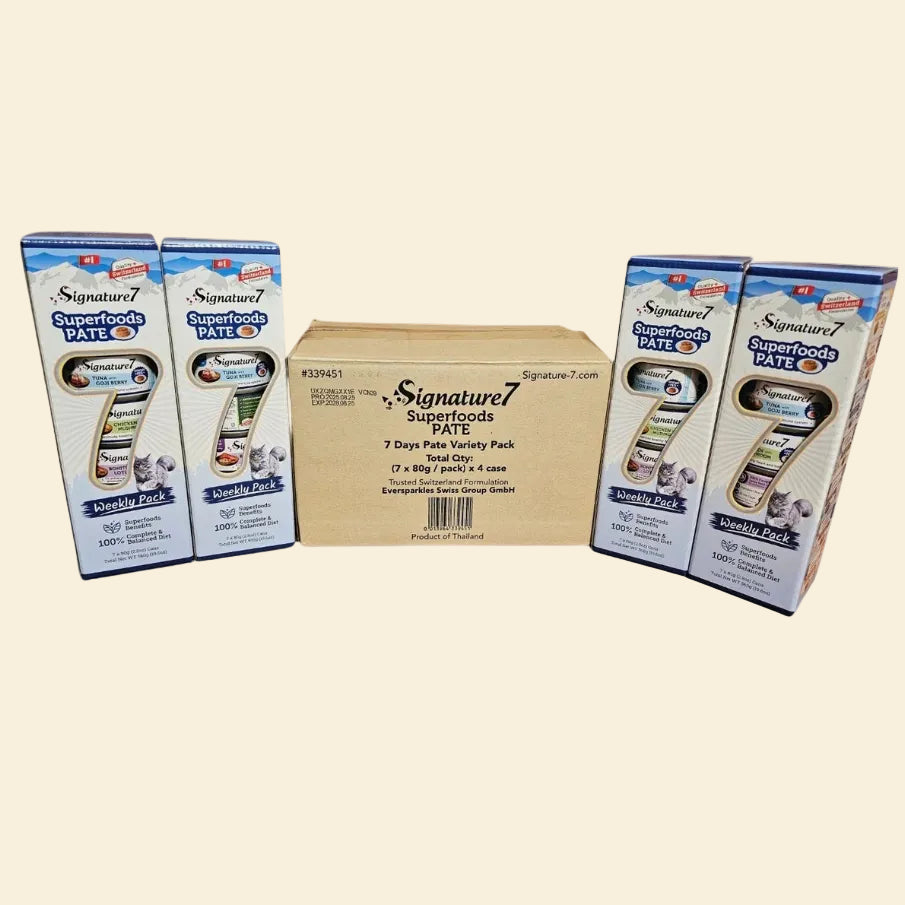 4 Signature7 Superfoods Pâté 7-Day Variety Pack with seven 80g wet cat food cans
