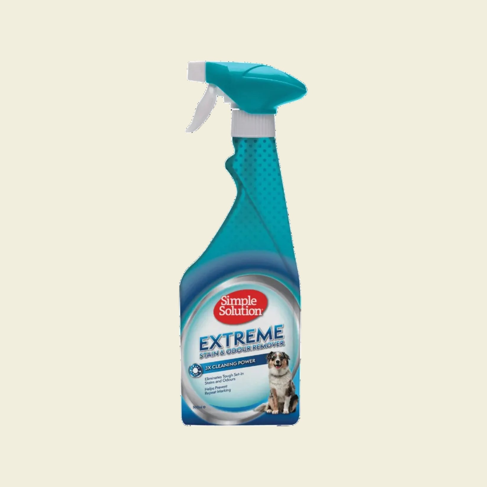 Front view of the 500ml Simple Solution Extreme Stain and Odour Remover spray bottle for dogs, featuring a dog and highlighting its 3X cleaning power.