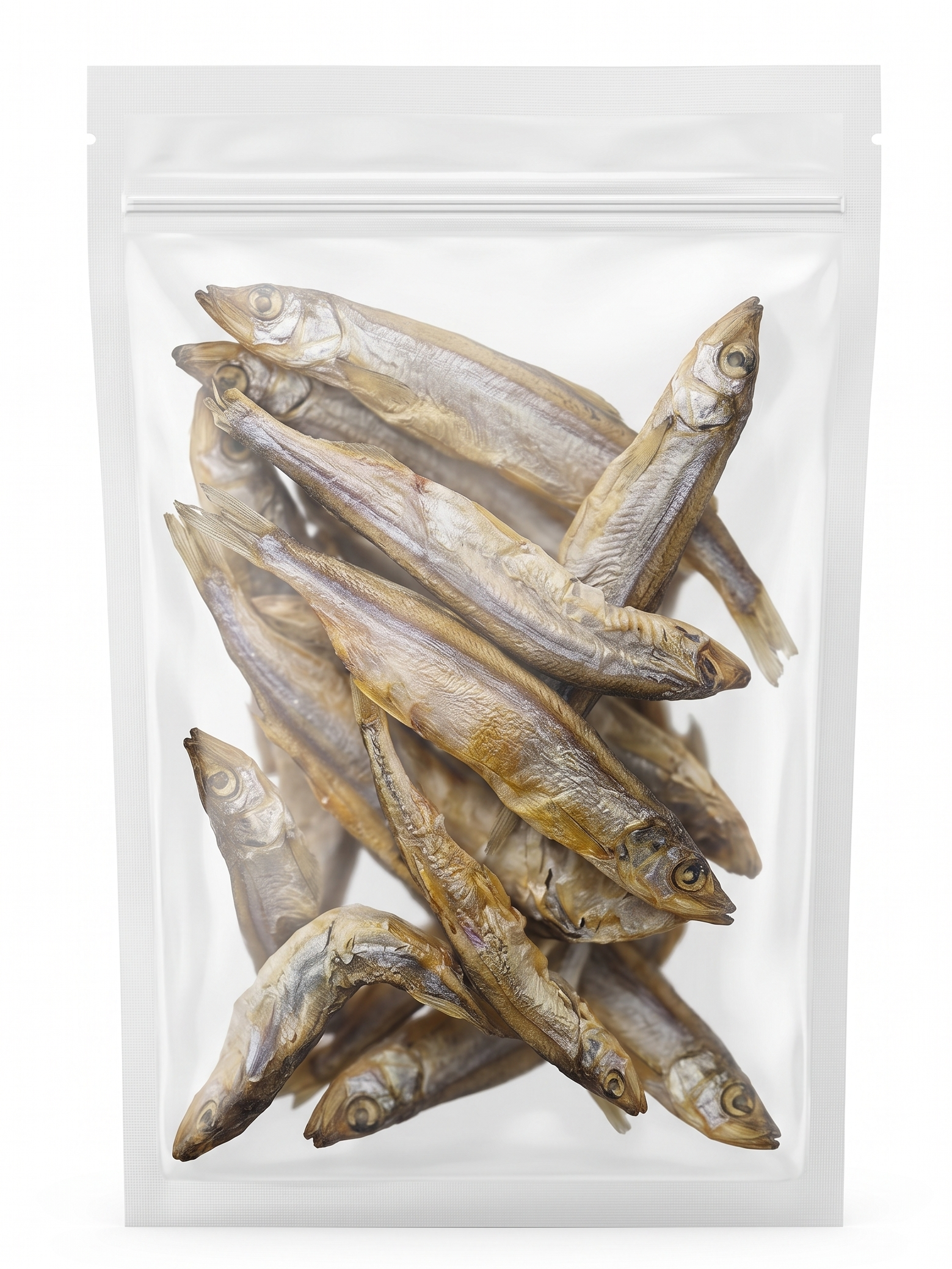 A transparent resealable pouch containing 50g of Freeze-Dried Capelin whole fish. Single-ingredient, hypoallergenic dog and cat rewards with no fillers or artificial preservatives.