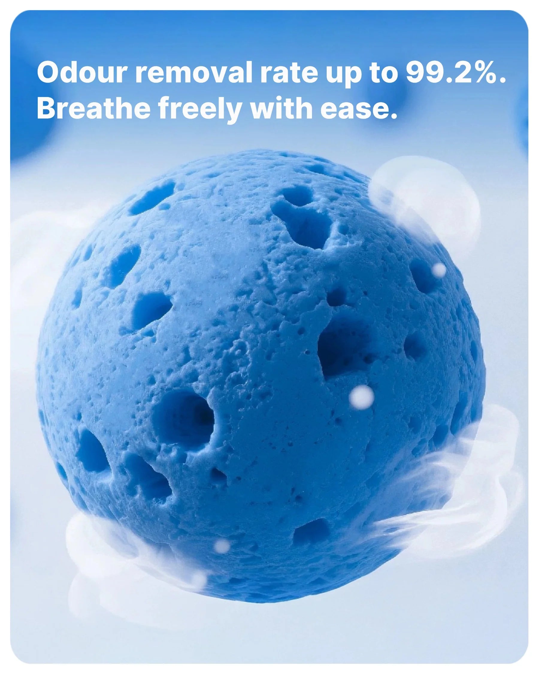 Close-up of the blue STA deodorizing factor used in Michu Mixed Tofu Cat Litter, capable of an odor removal rate up to 99.2%, neutralizing bacteria instantly without artificial fragrances.
