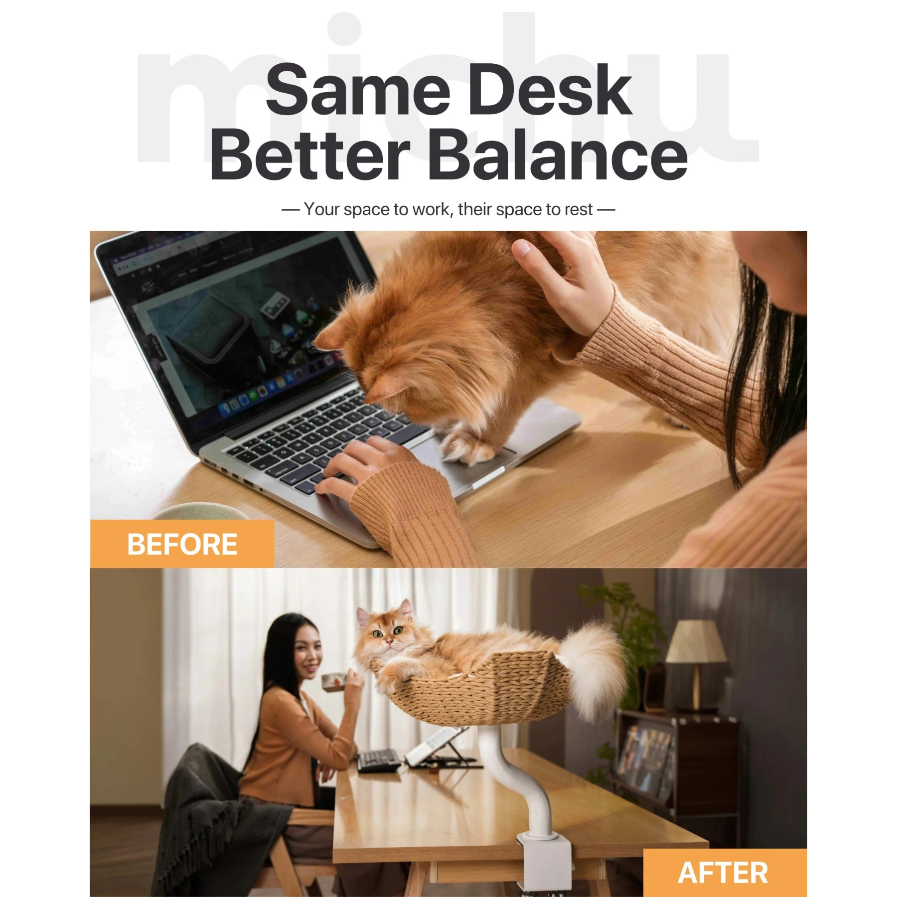 A before-and-after comparison showing a cat stepping on a laptop keyboard, resolved by using the Michu DeskMate where the cat relaxes calmly in an elevated perch next to the working owner.