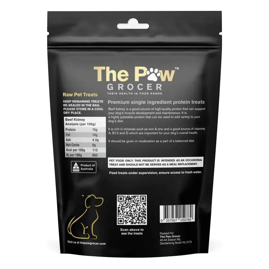 The back of The Paw Grocer Freeze-Dried Beef Kidney packaging, detailing the 100% Victoria-sourced grass-fed beef ingredients, feeding guidelines, and guaranteed analysis showing zero net carbs.