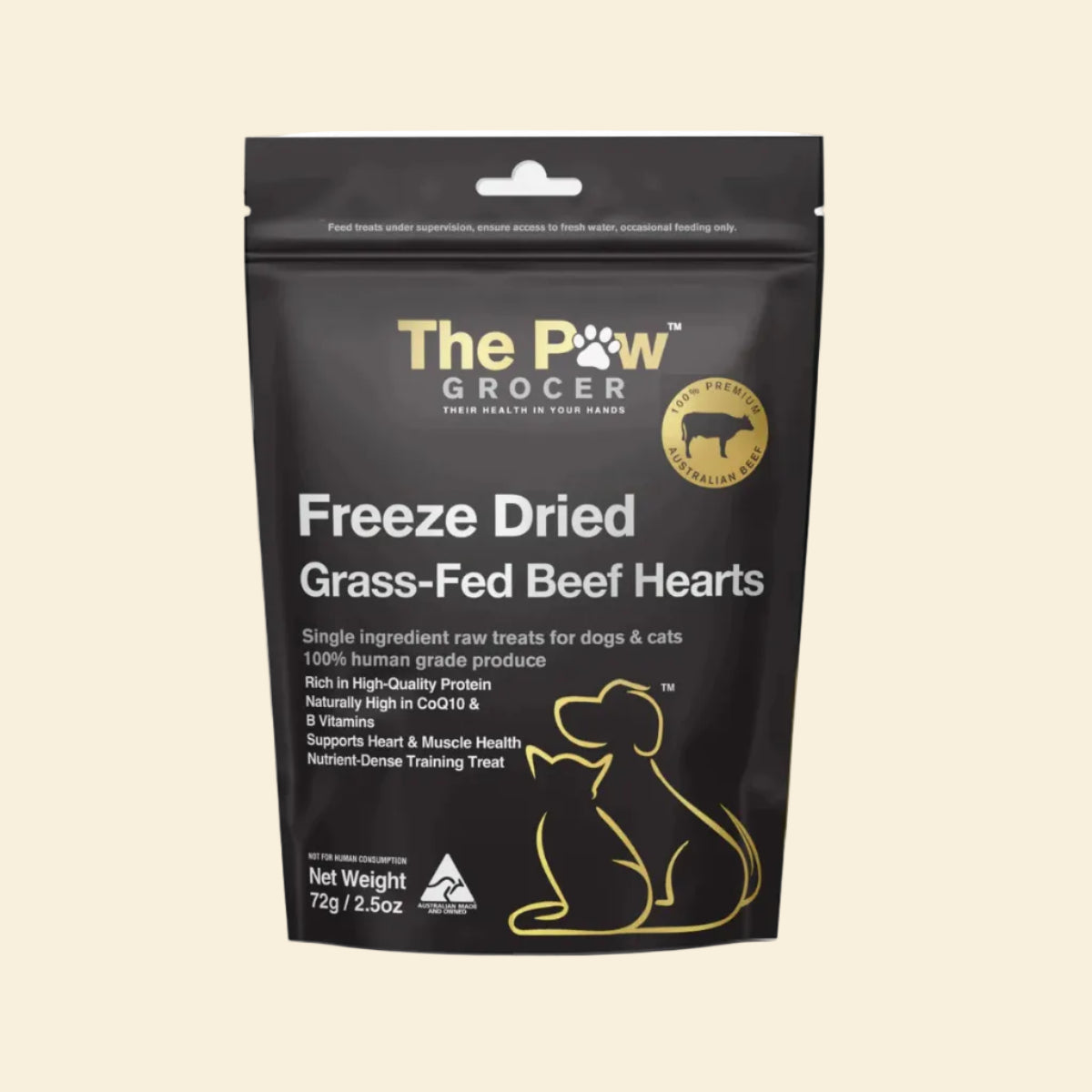 Front packaging of The Paw Grocer Freeze-Dried Grass-Fed Beef Hearts in a 72g pouch, highlighting its functional, single-ingredient muscle meat formula for both dogs and cats.