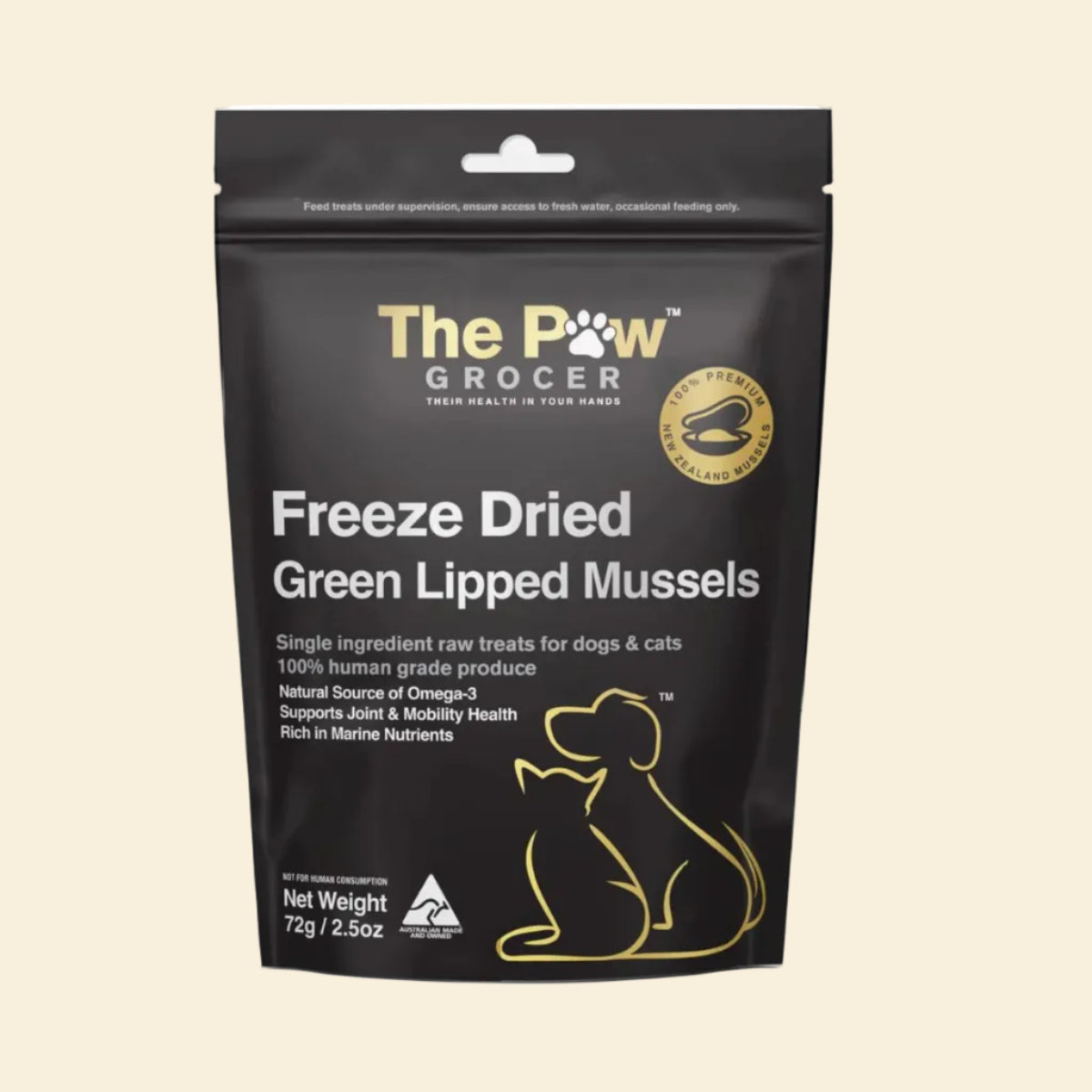 Front of The Paw Grocer Freeze-Dried Green Lipped Mussels bag. A single-ingredient raw treat for dogs and cats providing natural joint and mobility support. 100% human-grade produce from New Zealand.