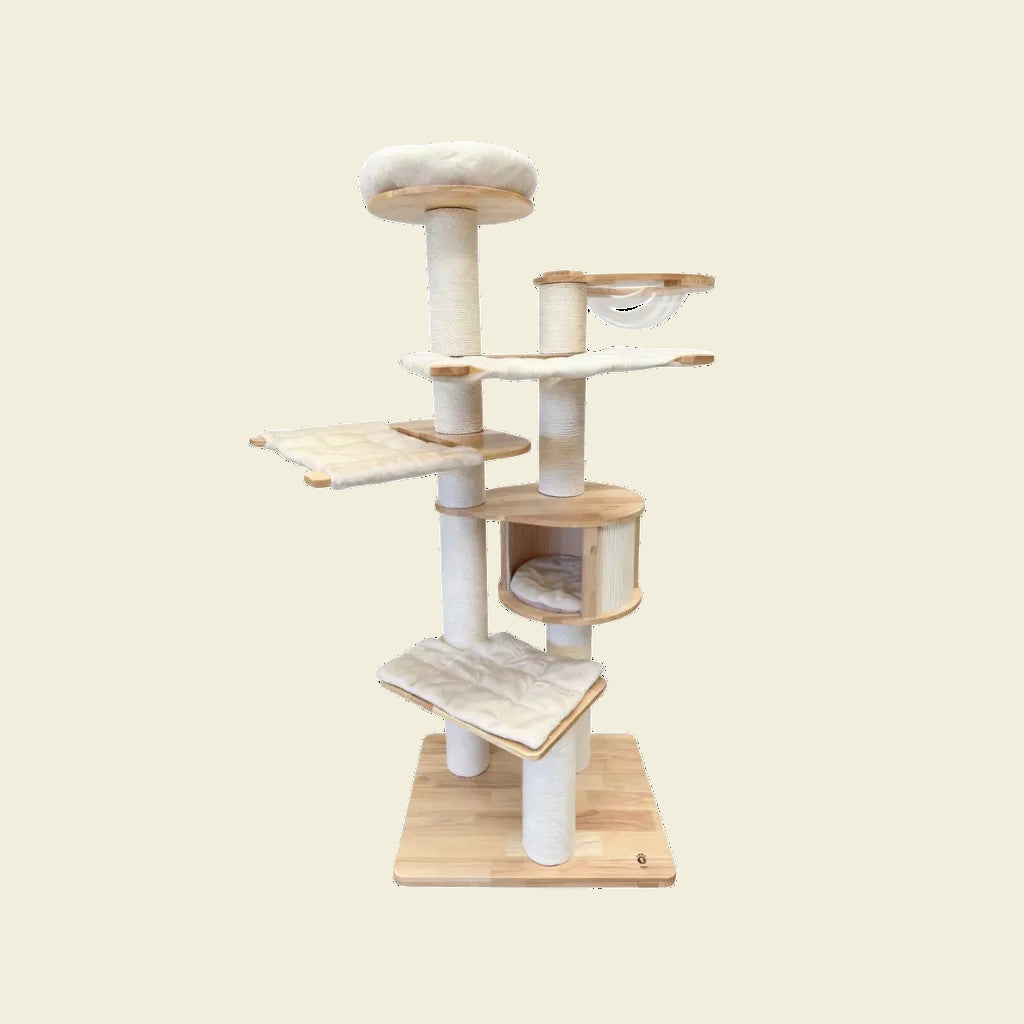 A full studio view of the 189cm tall TORA 2501 PRO flagship 6-layer solid wood cat tree on a white background, featuring a staggered vertical layout, an interactive transparent space bowl, and an ergonomic curved wood condo.