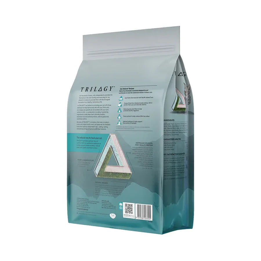 Back view of the 1.8kg bag of Trilogy Adult Cat Dry Food. Details the instinctual feeding philosophy, natural recipes, and nutritional benefits of the Barramundi and Freeze-Dried Lamb formula.