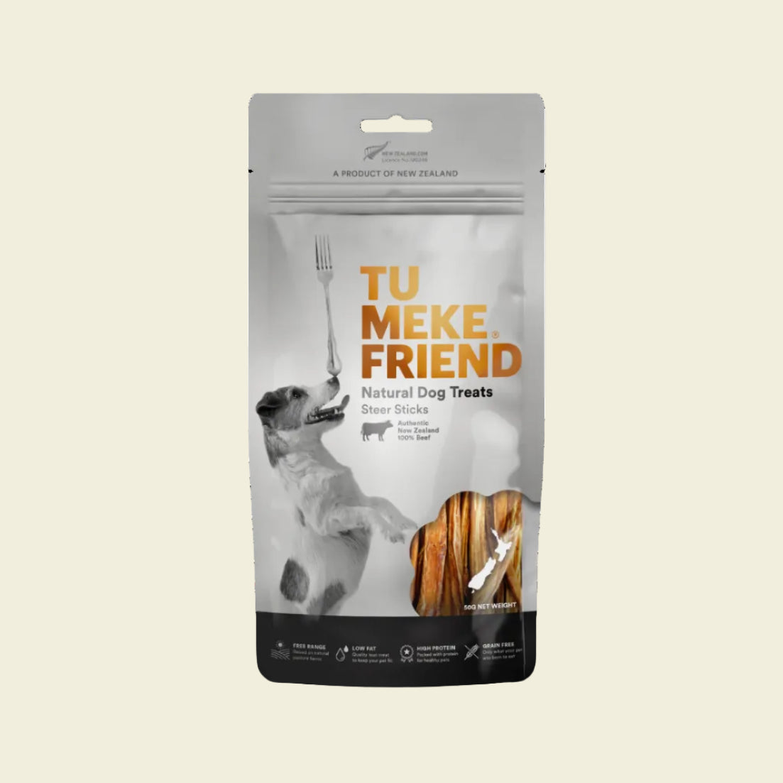 Front packaging of TU MEKE FRIEND Air-Dried Steer Sticks (50g), featuring a pug dog balancing a fork and a clear window showing the long-lasting natural beef chews.