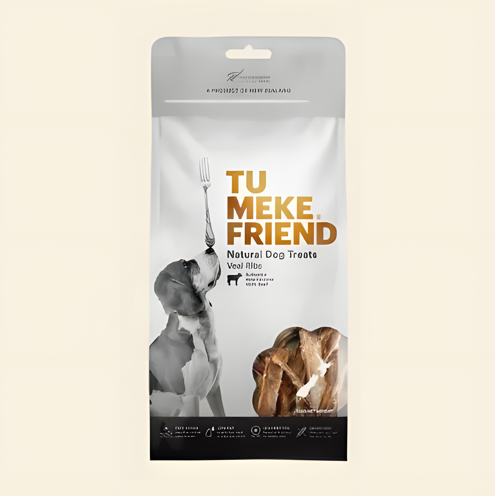 Front packaging of TU MEKE FRIEND Air-Dried Veal Ribs (125g), featuring a dog balancing a fork and a transparent window displaying the natural dog treats.