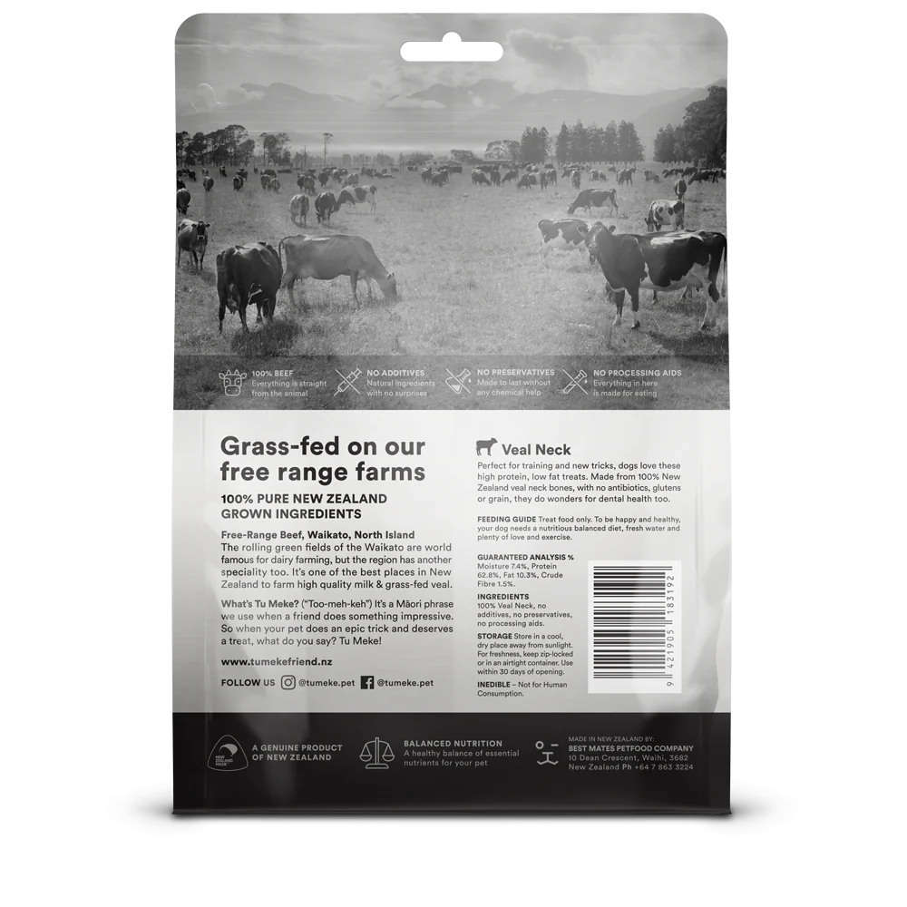 The back of the TU MEKE FRIEND Veal Neck pouch, showing the guaranteed analysis with 62.8% protein, 100% veal neck ingredients, and safety feeding instructions.