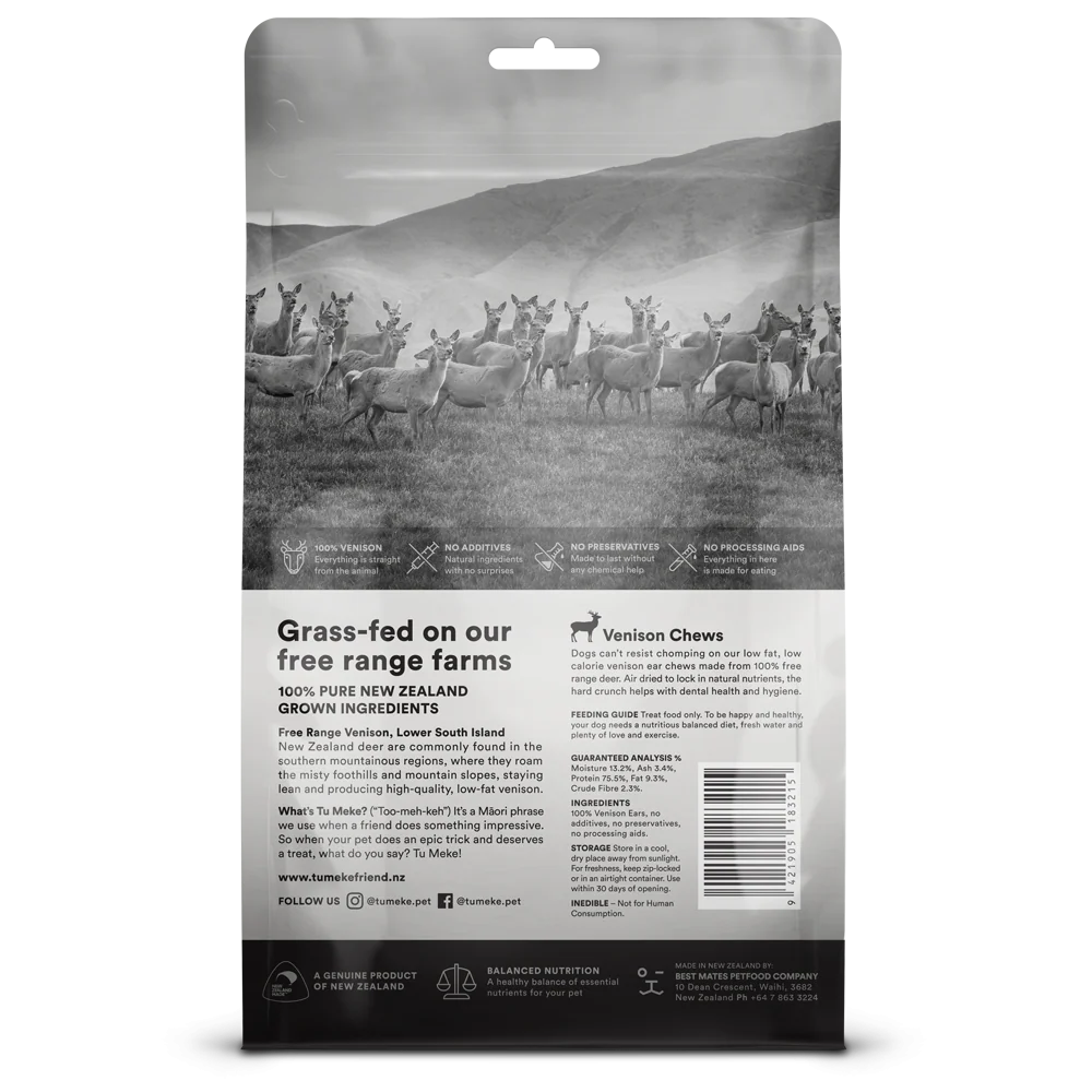 Back of the TU MEKE FRIEND Venison Chews pouch, detailing the free-range sourcing from Southland, New Zealand, the massive 75.5% protein content, and single-ingredient purity.