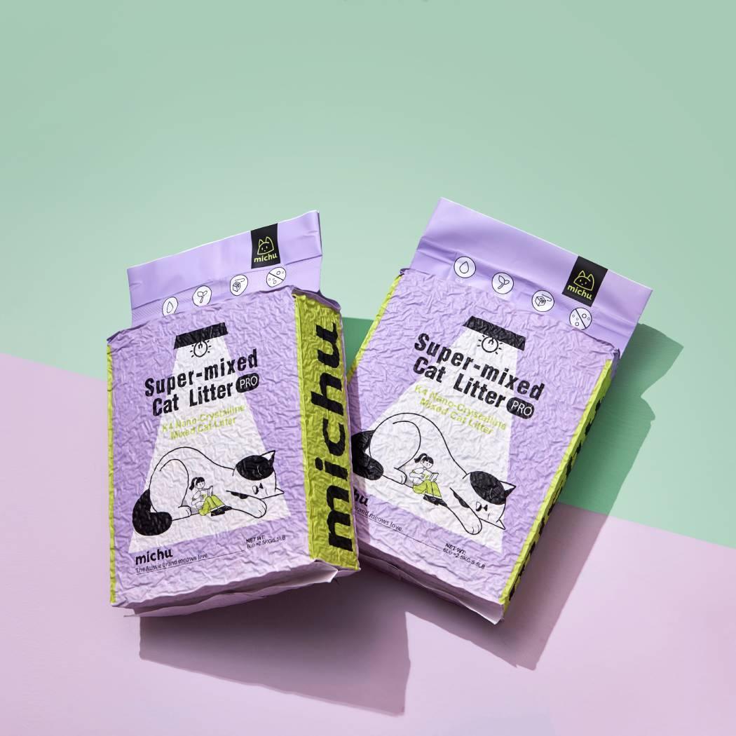 Two 6L bags of Michu Super-Mixed Tofu Cat Litter Pro Gen2 displayed on a pastel green and purple background, offering a heavy-duty, odor-free solution for cat owners.