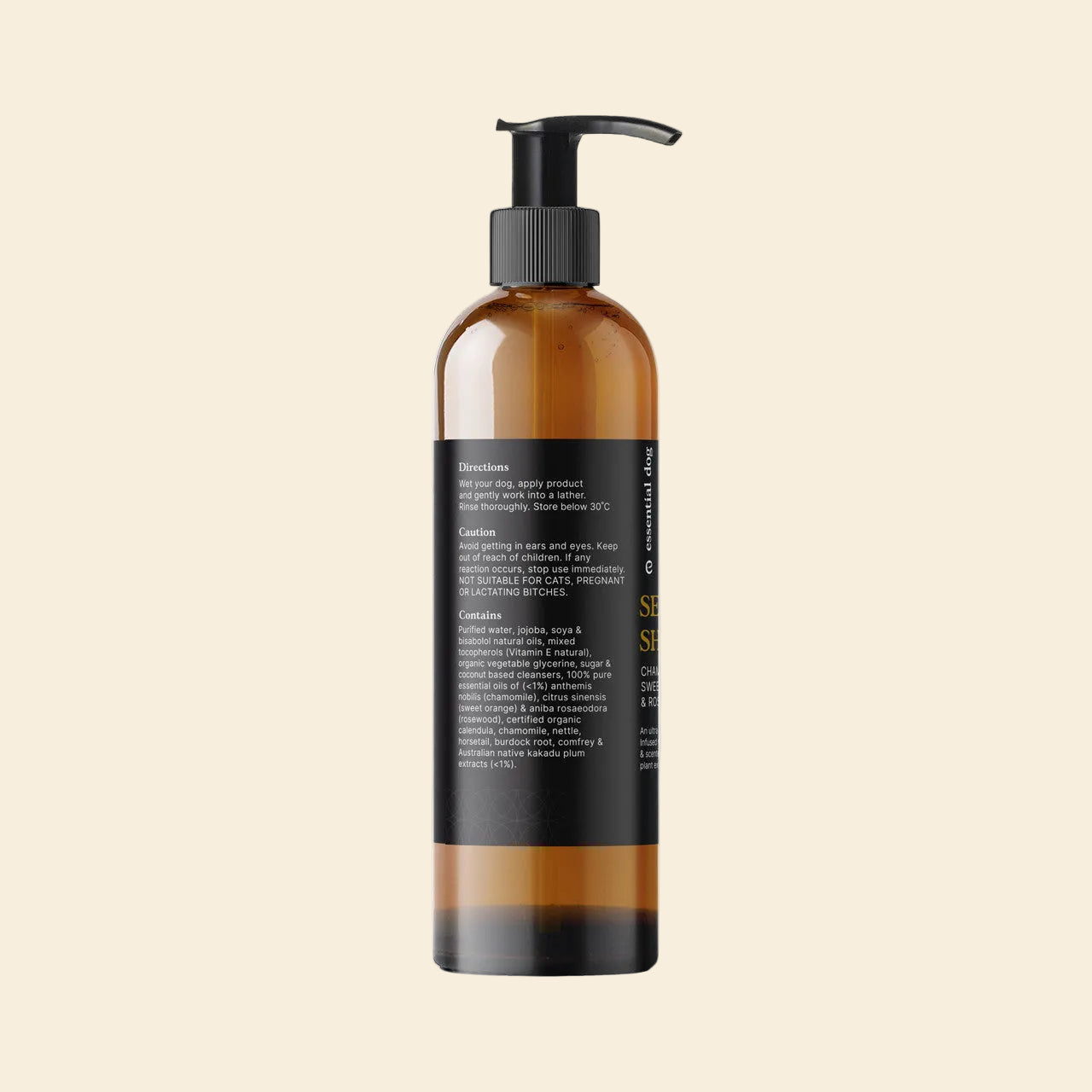 Certification icons on the Essential Dog bottle: Vegan Friendly, Plant Based, and Not Tested on Animals. Expertly crafted eco dog shampoo that nourishes skin cells