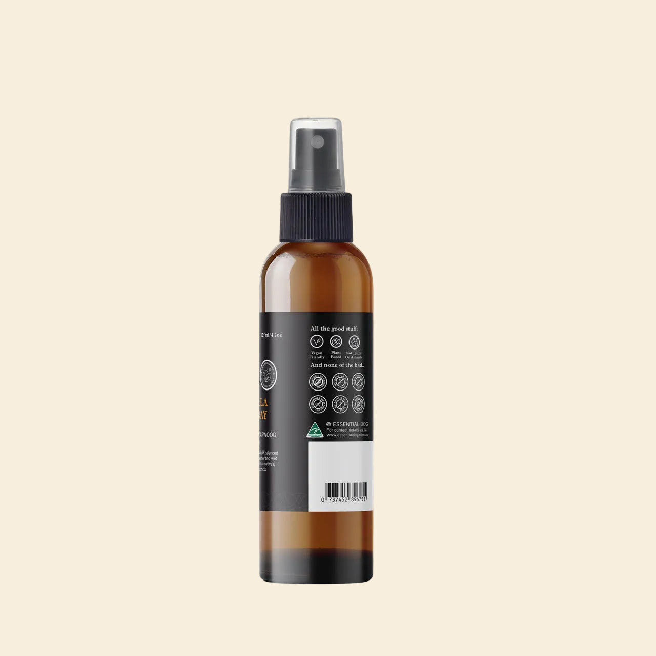 Back label of the citronella dog spray showing Vegan Friendly and Plant Based certifications. Infused with Australian native oils to condition the coat while repelling bugs