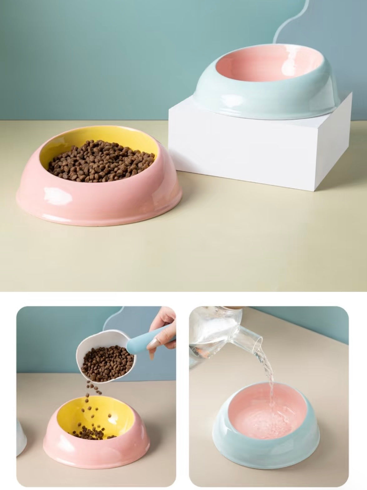 Two panels showing the 200ml Milk Candy ceramic cat bowl being used for dry kibble and fresh water. Perfect for portion control and daily hydration.