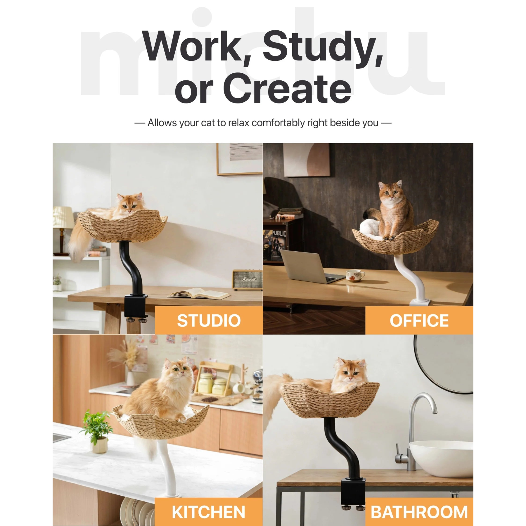 Four lifestyle scenarios showing the Michu DeskMate being used in a studio, home office, kitchen island, and bathroom counter. Allows your cat to relax comfortably beside you anywhere.