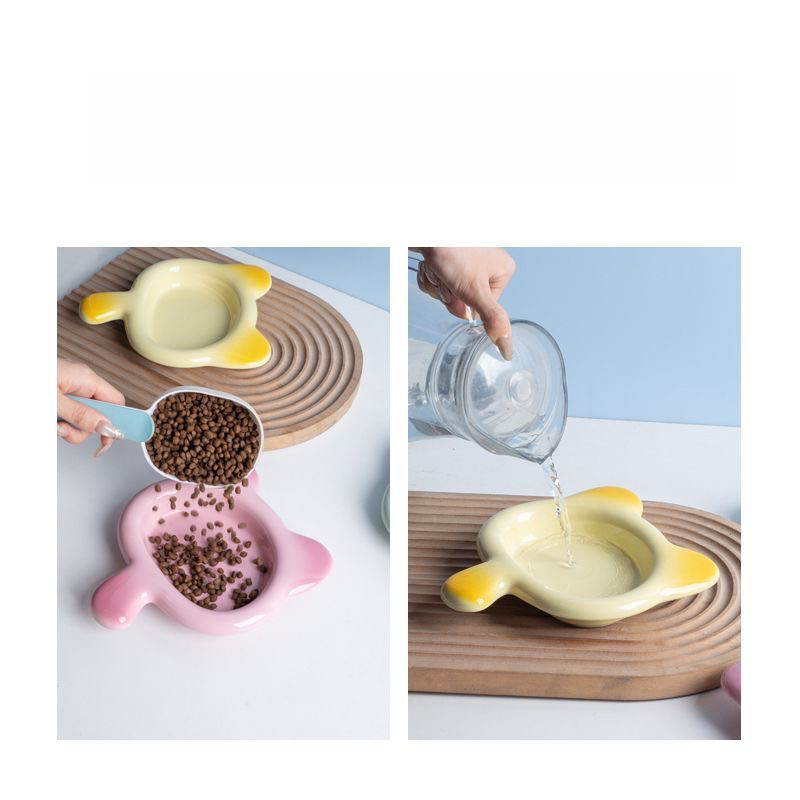 A split image showing kibble being poured into the pink Chubby Cat plate and water into the yellow plate, highlighting its versatile 200ml capacity for food and hydration.