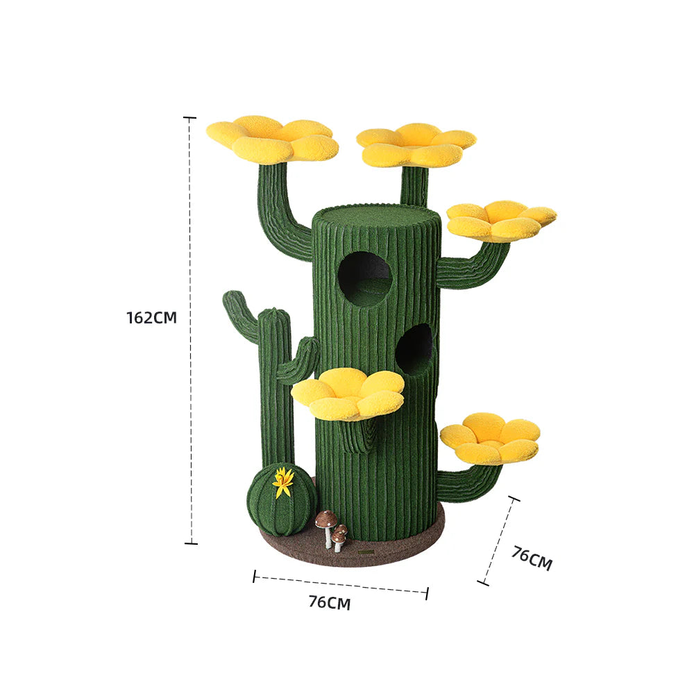Overall dimensions of the green HONEYPOTCAT Luxe Cactus cat tower, featuring a 162cm height and a sturdy 76cm bottom plate for ultimate stability.