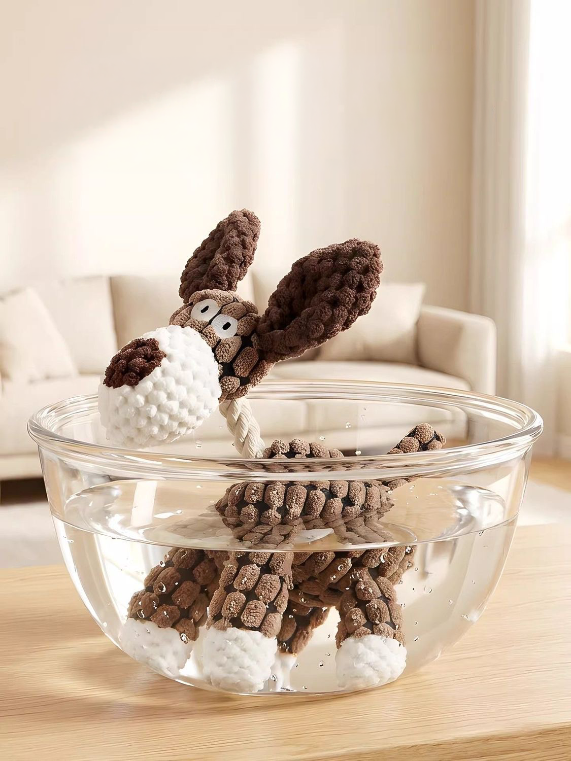 The brown dog Bubble Farm plush toy completely submerged in a clear glass bowl of water, demonstrating that it is 100% fully washable and colorfast.