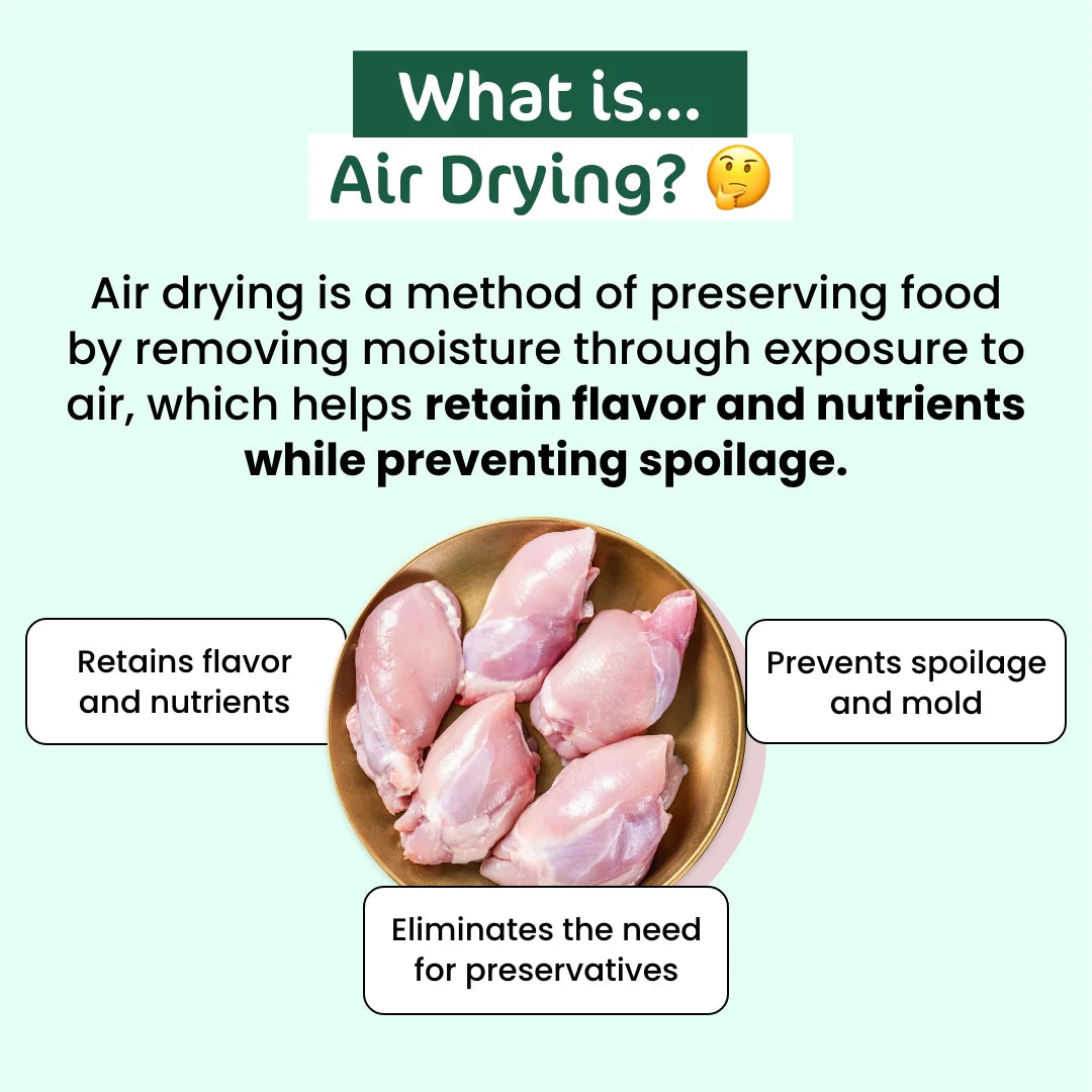 Educational infographic explaining air drying as a food preservation method. Benefits include retaining flavor and nutrients, preventing spoilage and mold, and eliminating preservatives.
