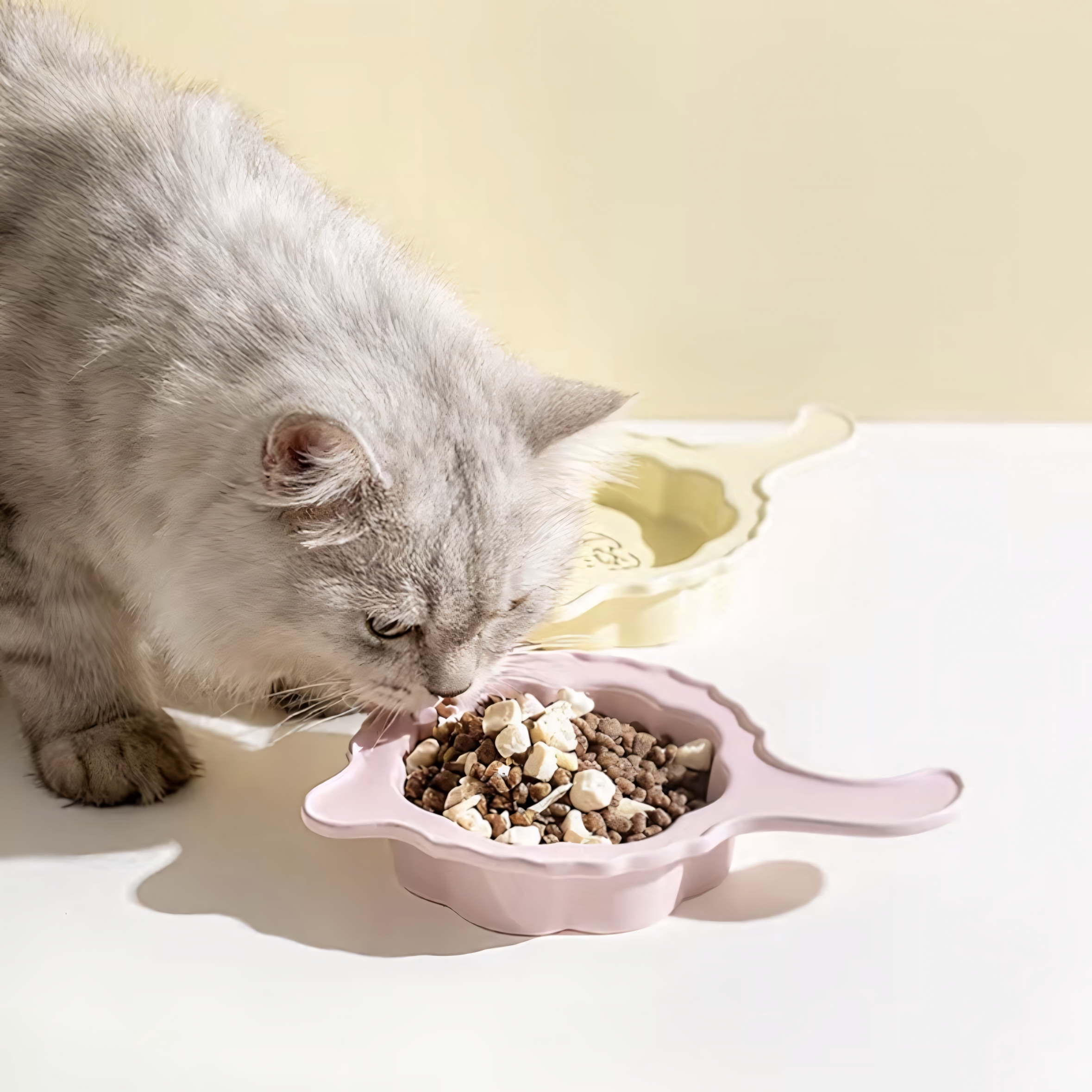 A fluffy grey cat eating comfortably from the pink Crooked Tail ceramic plate. The shallow 15cm wide design actively prevents sensory overload and whisker fatigue.