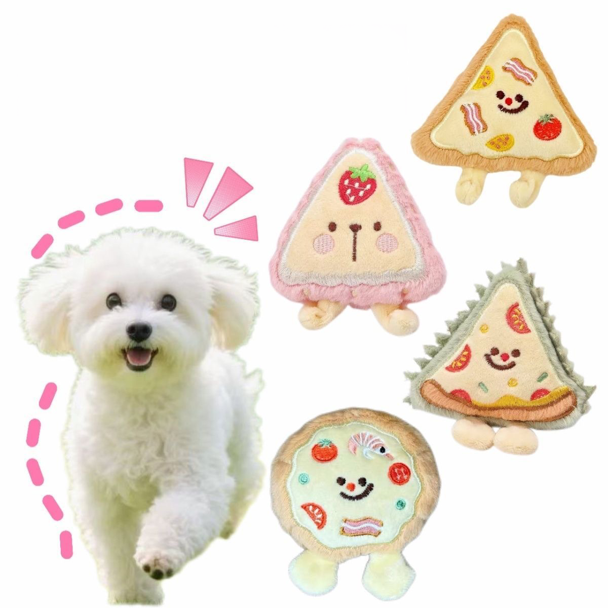 A happy white Maltese dog next to a collection of four plush squeaky toys, including a pizza slice, strawberry, durian, and round pizza, showing the variety in the "Gourmet Snacks" series.