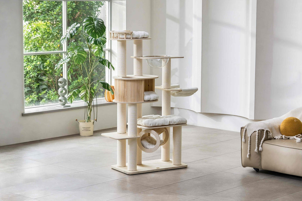 Alternative wide angle view of the wooden cat tower displayed in a bright modern home setting.