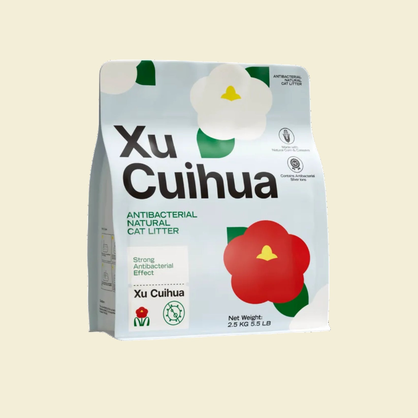 Front packaging of the 2.5kg Xu Cuihua Antibacterial Natural Cat Litter, featuring elegant red and white flowers and highlighting its strong antibacterial effect using silver ions and natural corn and cassava.