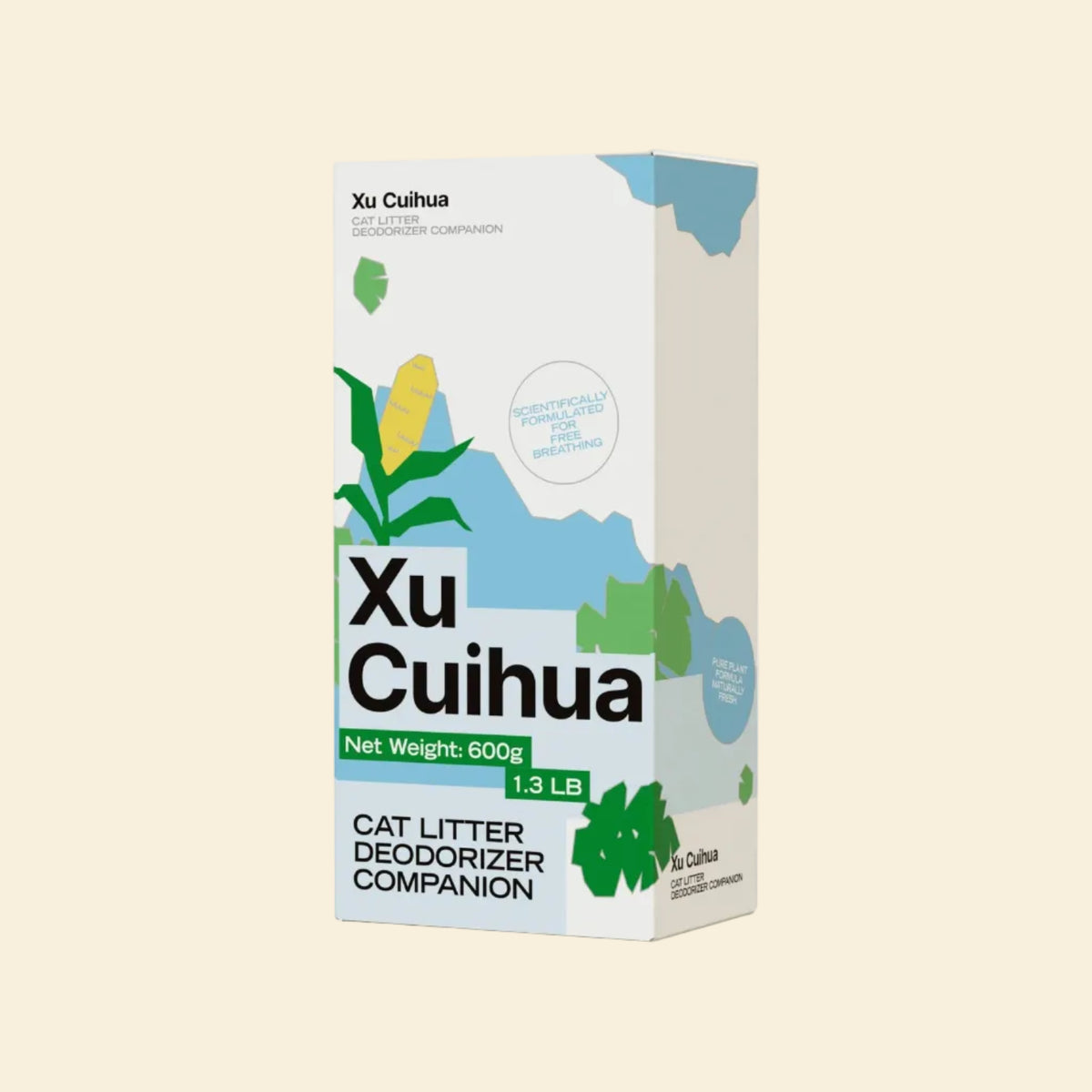 Fine plant-based cat litter deodorizer and clumping booster powder being added to tofu cat litter