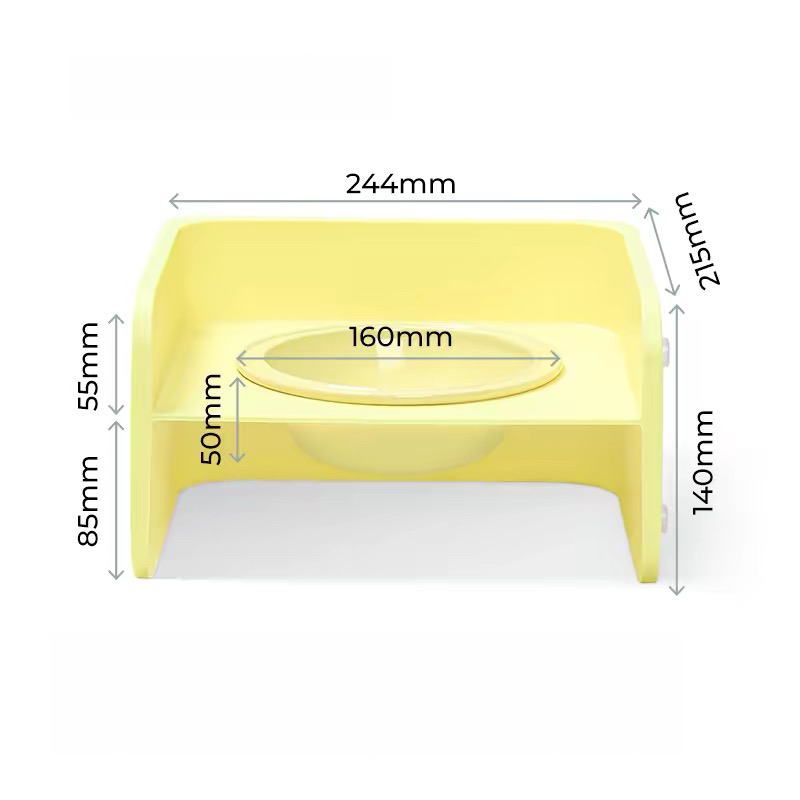 Size guide for the yellow Mango Square Table pet bowl, indicating 140mm total height, 244mm width, and 160mm bowl diameter for ergonomic spine protection.