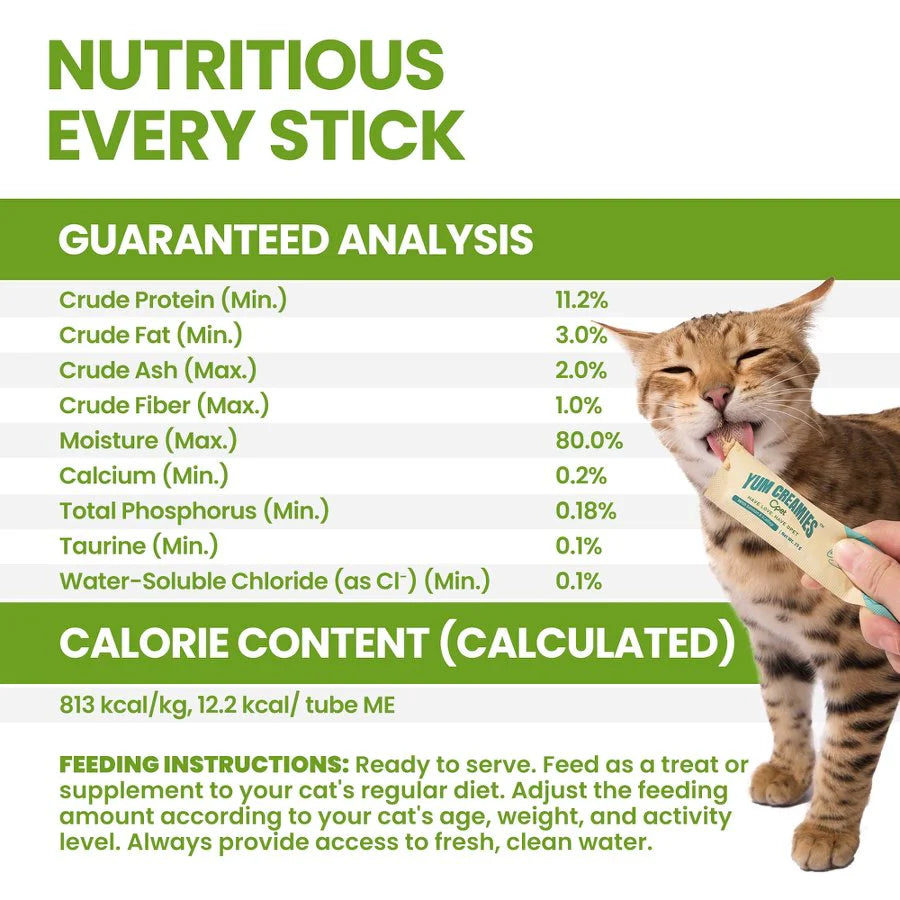 An informational graphic showing the Guaranteed Analysis of OPET Yum Creamies, including 11.2% minimum protein. A happy tabby cat is shown enthusiastically licking the chicken flavor treat directly from the green tube.