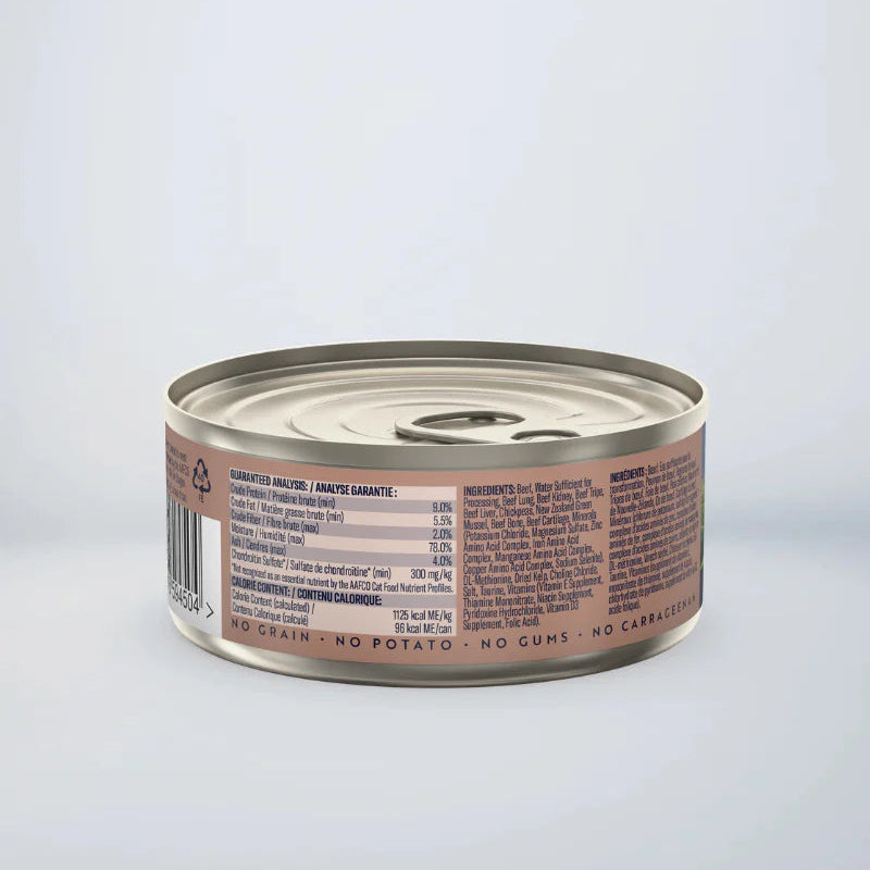ZIWI Peak Canned Cat Food, Beef Recipe, side view showing ingredients and feeding information