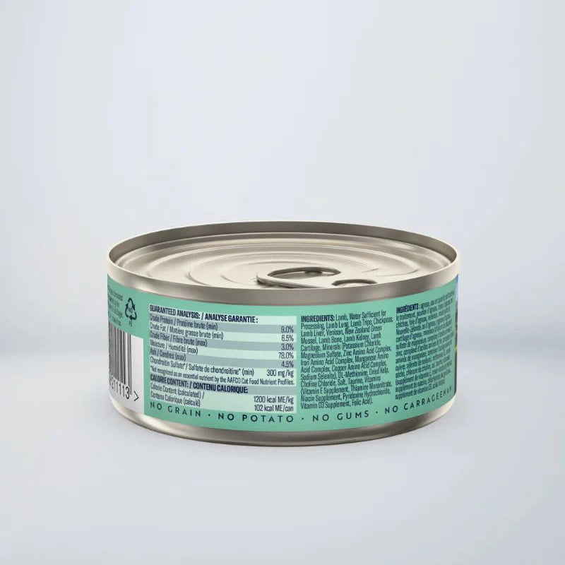 ZIWI Peak Canned Cat Food, Lamb with Venison Recipe, side view showing ingredients and feeding information