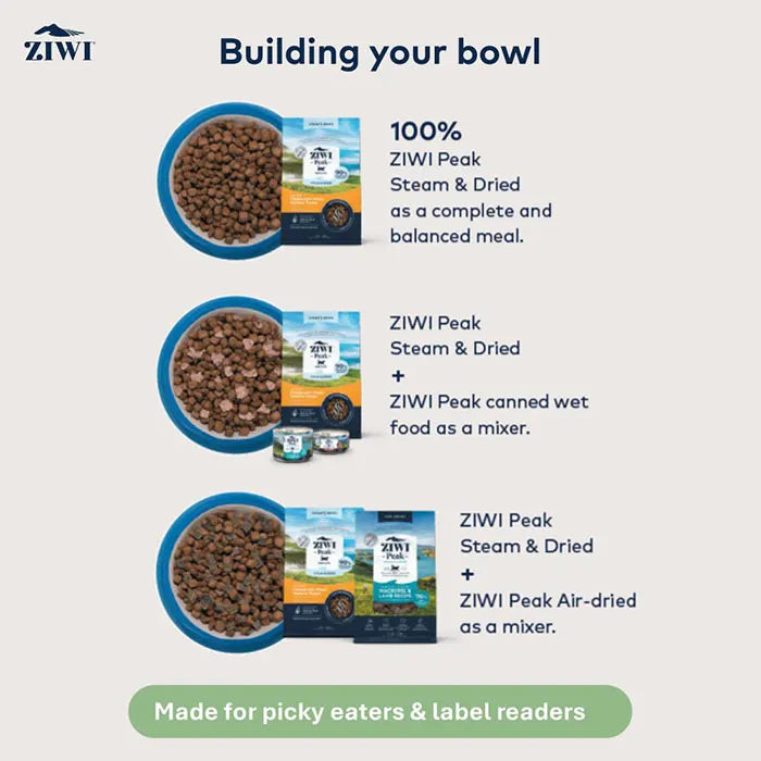 Building your bowl guide demonstrating how to serve ZIWI Peak canned wet food as part of a mixed feeding routine alongside Steam & Dried or Air-dried complete cat foods.