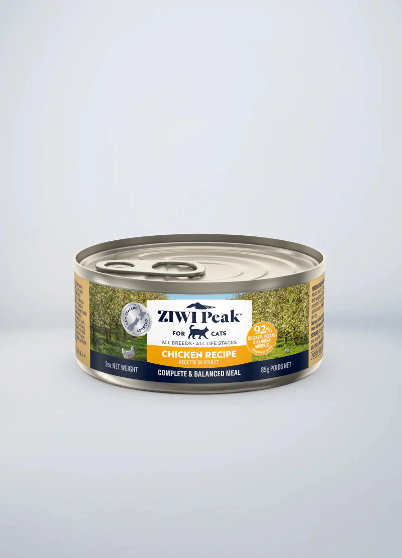 Front view of the 85g ZIWI Peak Original Chicken Recipe wet cat food can, featuring a complete and balanced meal made with 92% chicken, organs, and green mussels.