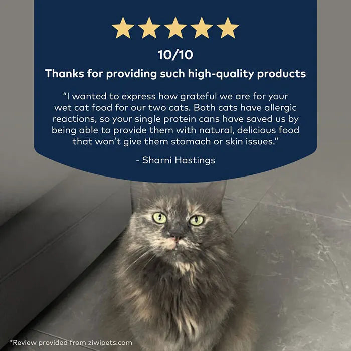 A 5-star customer review praising the ZIWI Peak single-protein wet cat food for providing a natural, delicious meal that prevents allergic stomach or skin issues, featuring a photo of a grey cat.