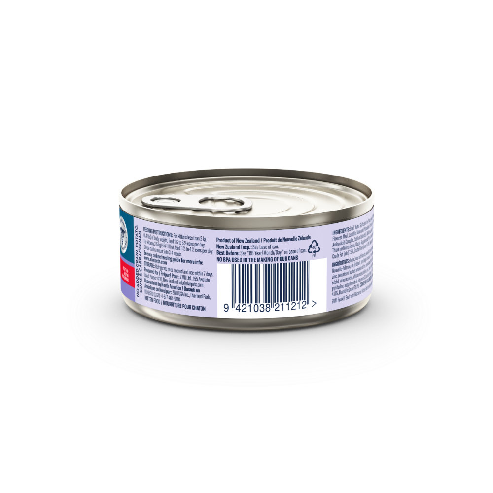Rear view of ZIWI Peak Kitten Beef with Mackerel 85g can showing kitten feeding instructions, refrigeration guidance, New Zealand origin and barcode.