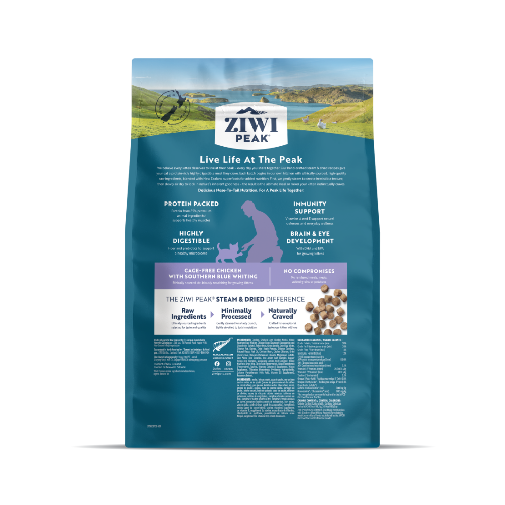 Back of the ZIWI Peak Steam & Dried Chicken with Southern Blue Whiting kitten food 700g bag showing benefits, ingredients and nutritional information.