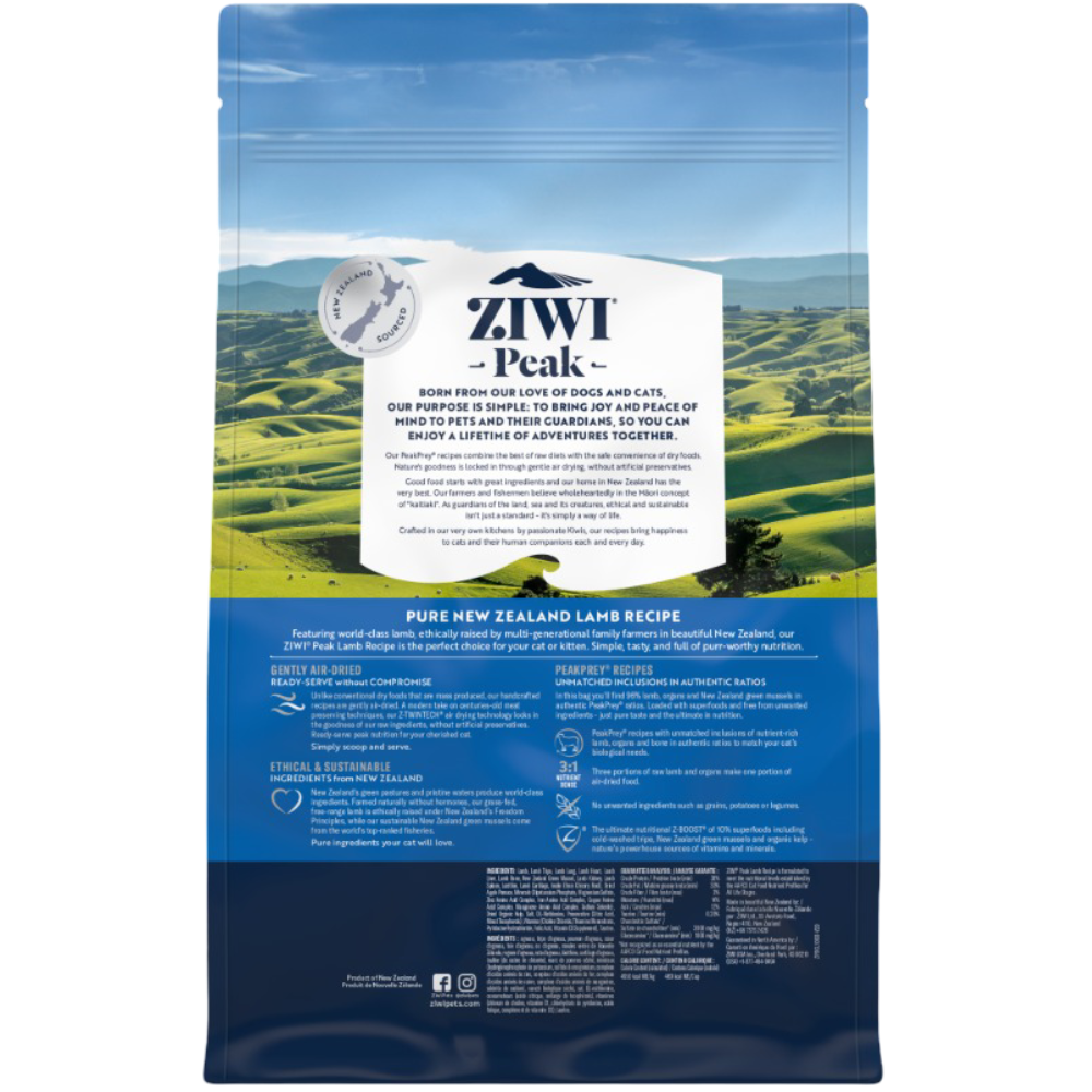 Back of ZIWI Peak Lamb air-dried cat food 1kg bag showing product information