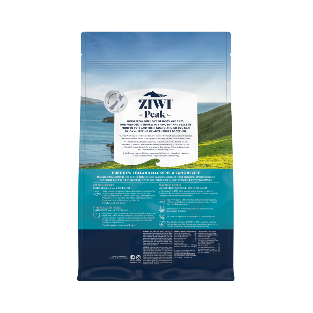 Back of ZIWI Peak Mackerel and Lamb air-dried cat food 1kg bag