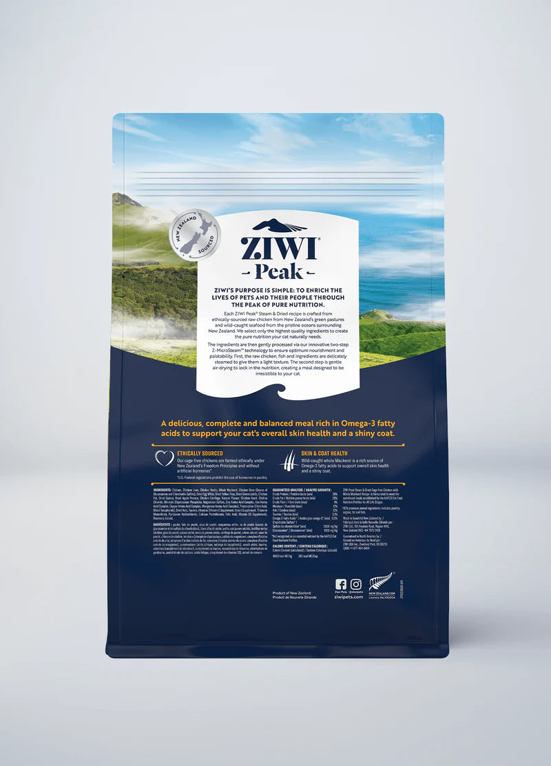 Back of the 800g bag of ZIWI Peak Steam & Dried Chicken with Whole Mackerel cat food, detailing the innovative two-step process, ingredient list, and highlighting Omega-3 fatty acids for skin and coat health.