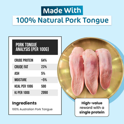 Nutritional breakdown of the single-ingredient pork tongue cat treats, displaying fresh raw pork tongues and highlighting its rich protein and taurine content as a high-value reward.