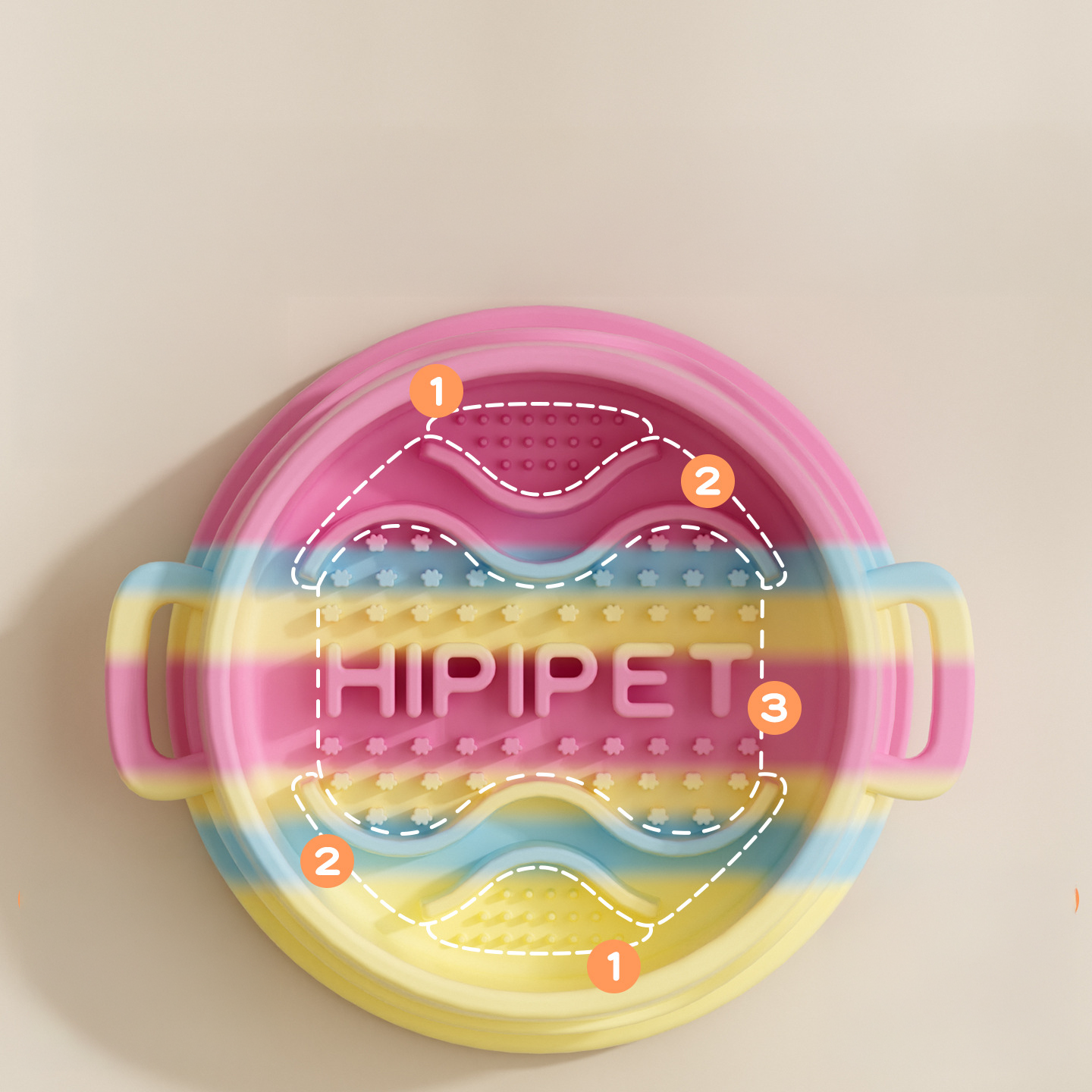 A top-down view of the vibrant silicone slow feeder bowl with dashed lines and numbers highlighting the three distinct feeding zones for kibble, wet food, and tongue scraping.