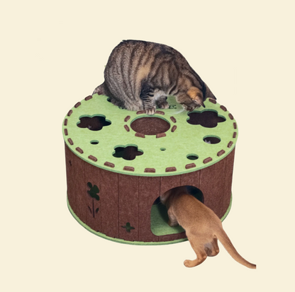 Cats playing with a tree-shaped cat cave on a beige background
