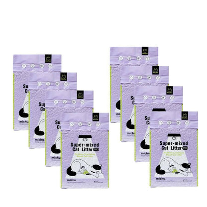 A bulk supply of eight bags of Michu Super-Mixed Tofu Cat Litter Pro Gen2, the ultimate heavy-duty and cost-effective choice for keeping a pristine, odor-free home with multiple cats.