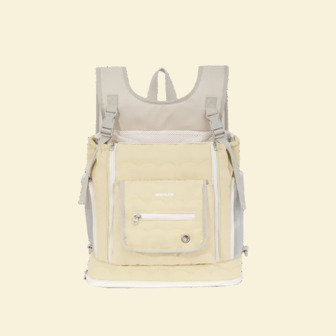 Butter Pudding pale yellow front-facing dog and cat carrier backpack showing mesh ventilation.
