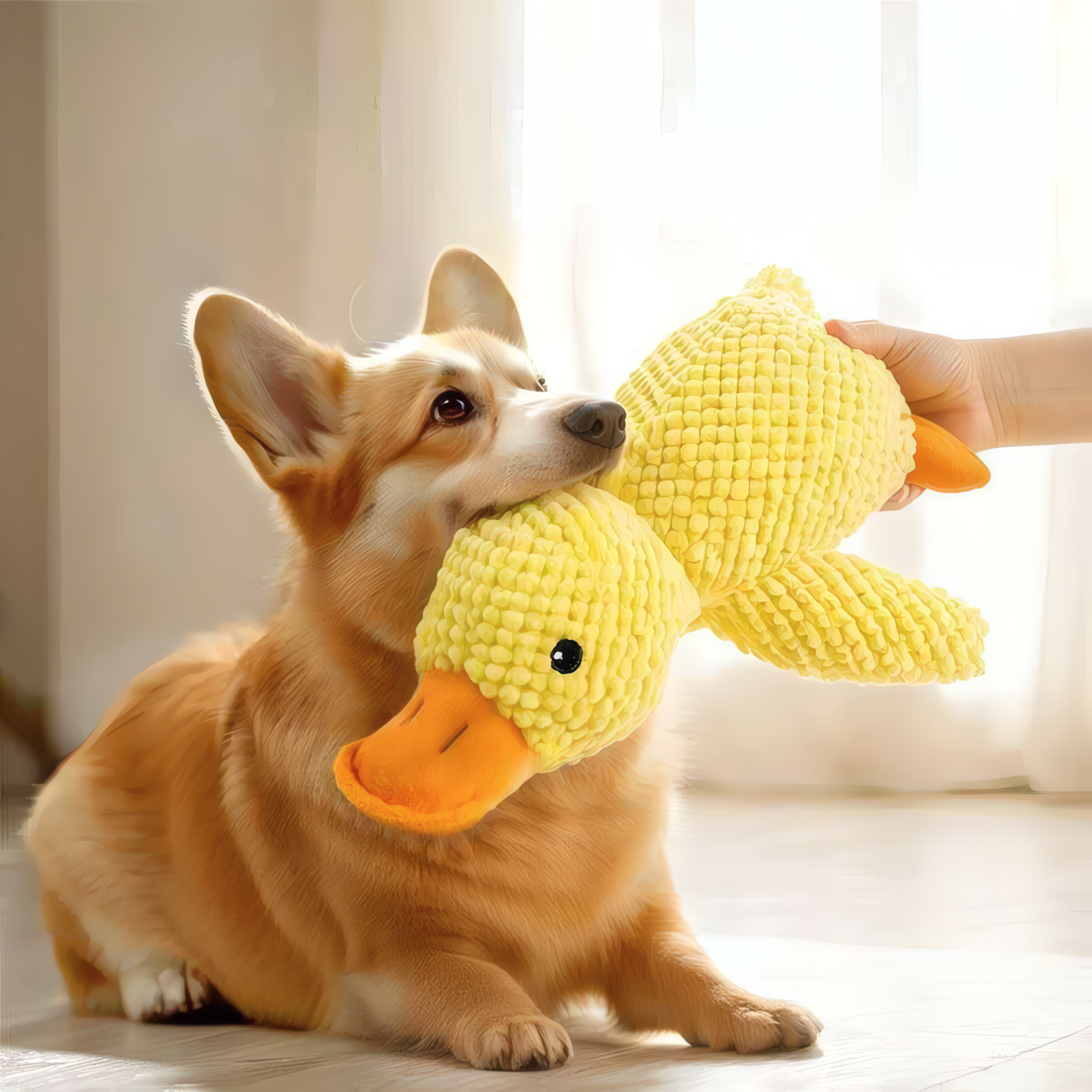 Corgi dog playing with a yellow squeaky plush duck toy.