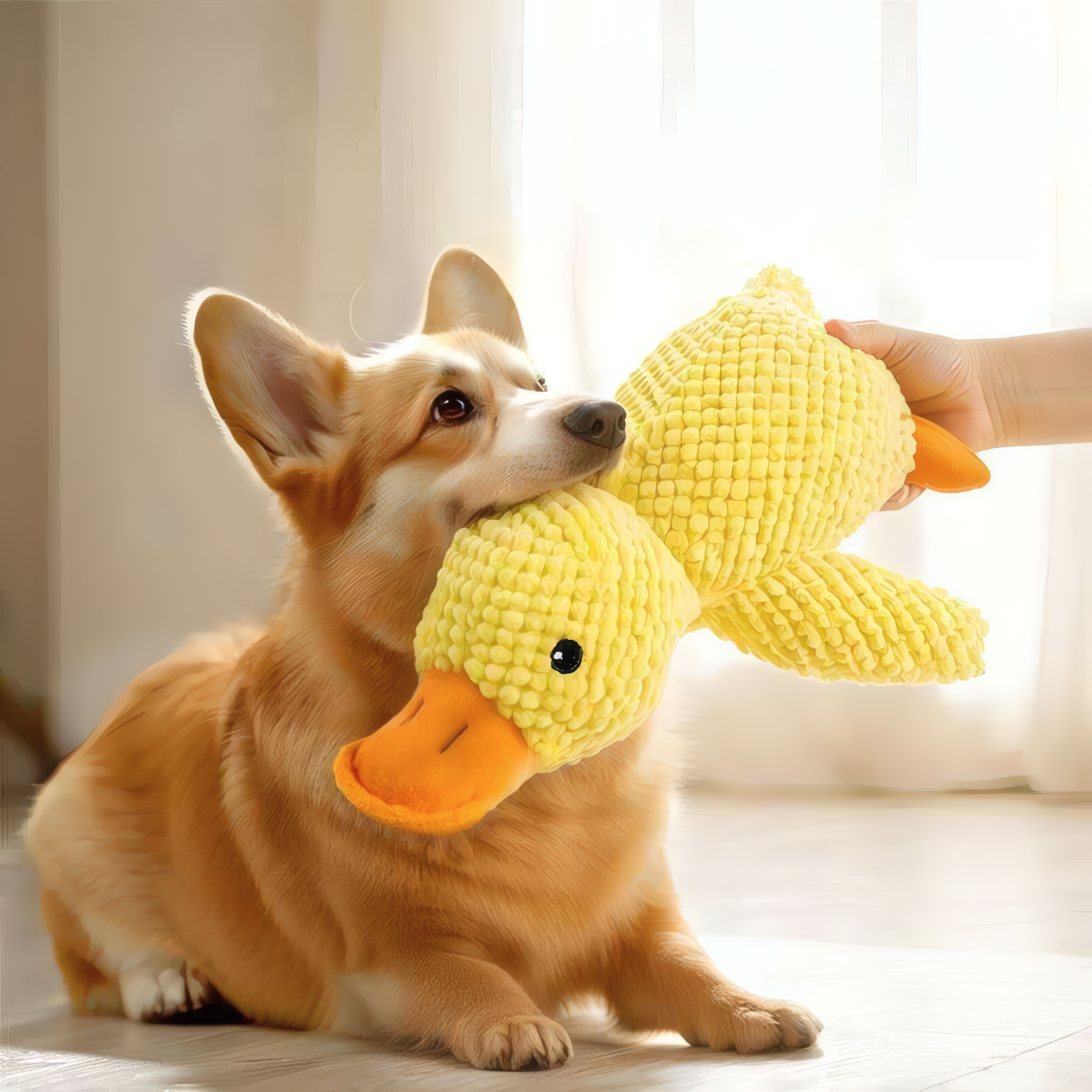 Corgi dog playing with a yellow squeaky plush duck toy.