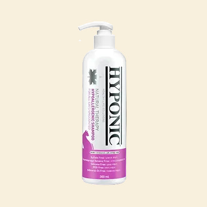 HYPONIC Hypoallergenic Shampoo for All Cats Unscented 300ml bottle with a pump dispenser against a beige background.