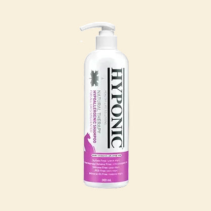 HYPONIC Hypoallergenic Shampoo for All Cats Unscented 300ml bottle with a pump dispenser against a beige background.