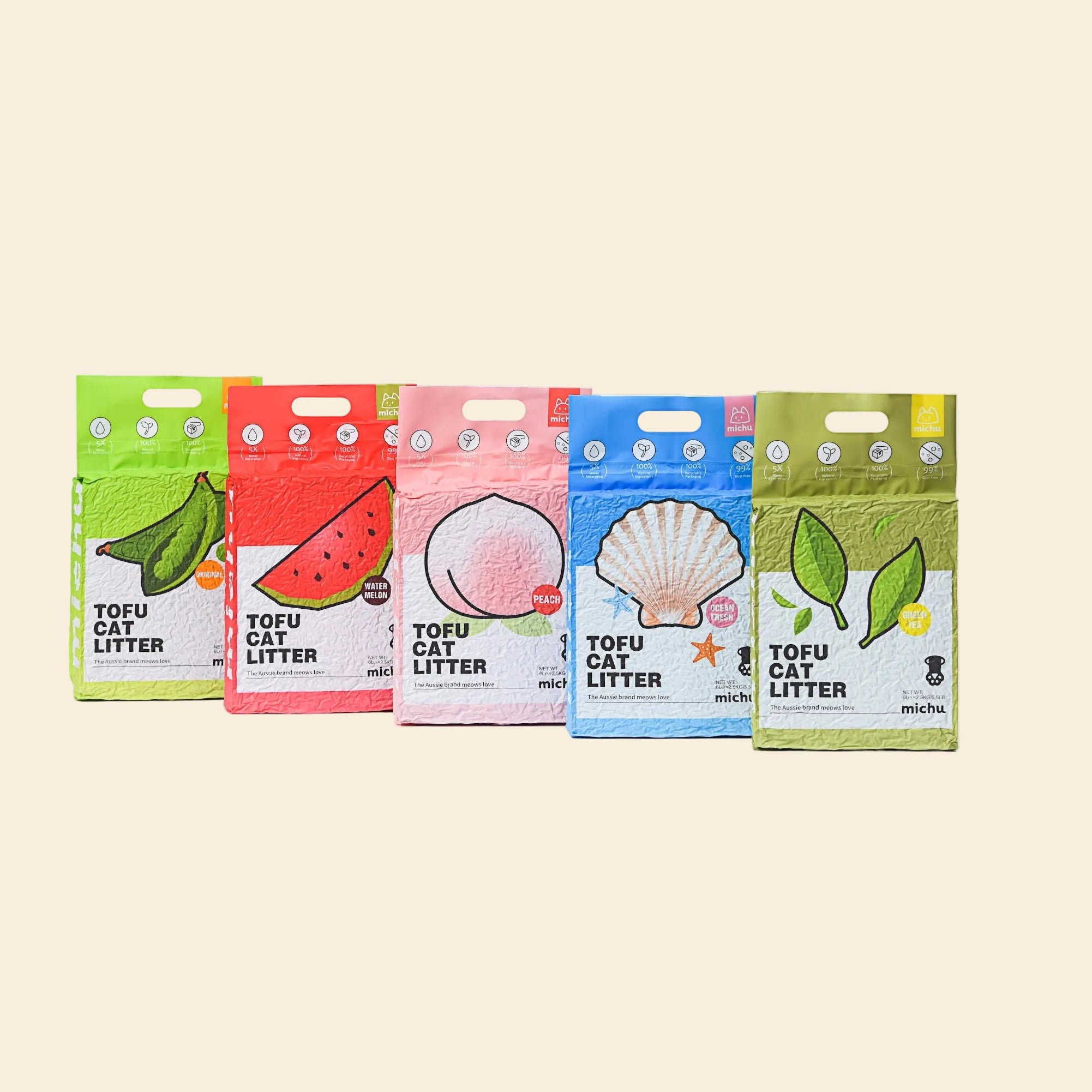 Five Michu packages of tofu cat litter with colorful designs on a beige background